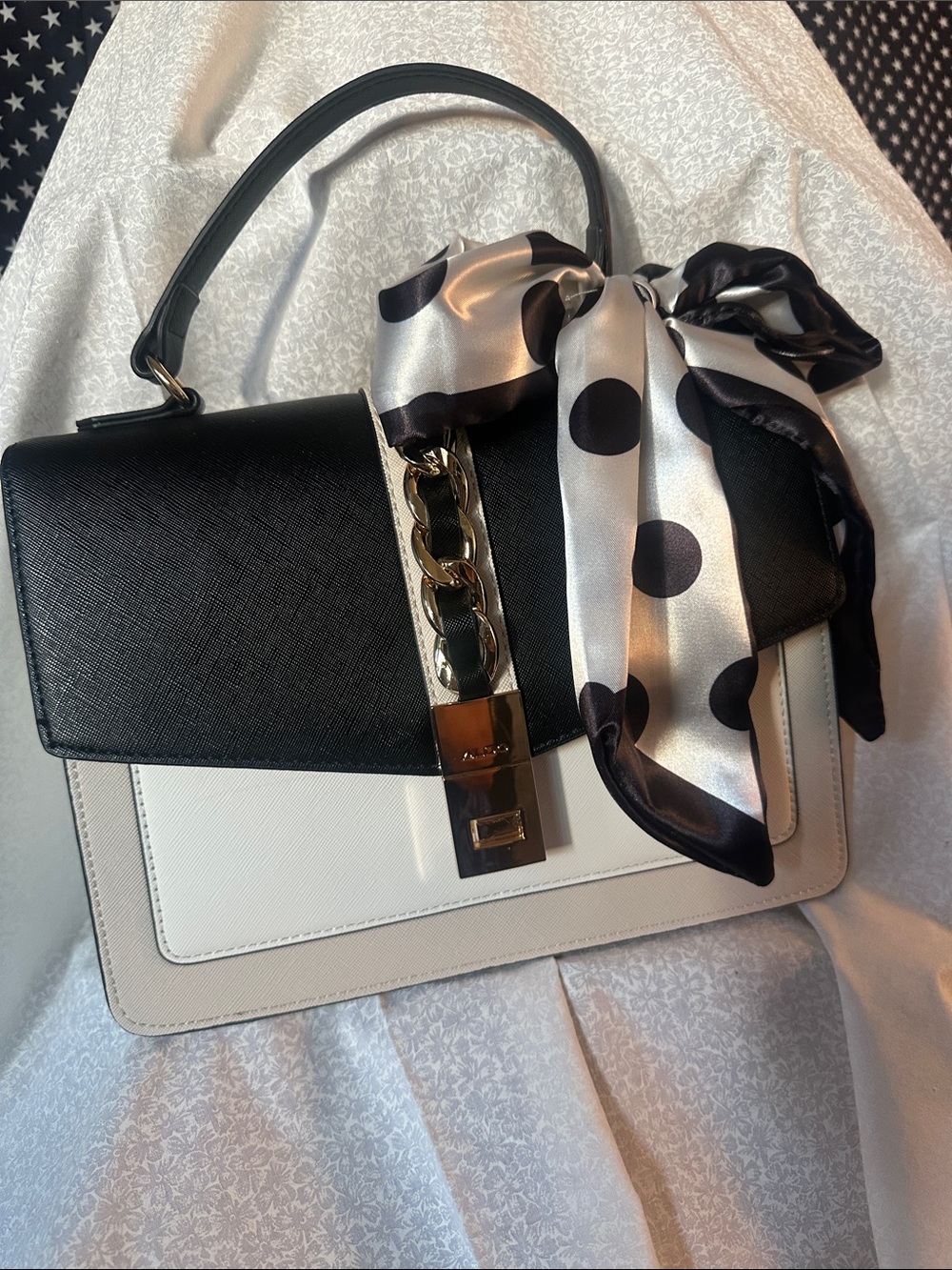 Aldo Black and White Top-Handle Satchel with Gold Chain Accent - Picture 4 of 5